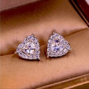 Heart Shaped CZ Crystal Halo Stud Earrings Silver Tone NWT
